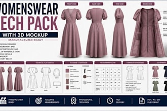 create womenswear tech pack 3d mockup  for dress top skirt manufacturer ready
