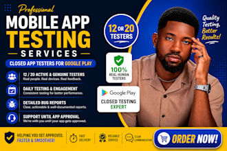 provide 12 app tester, 20 testers for goggle play closed testing, app testing