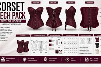 create corset tech pack with 3d mockup manufacturer ready
