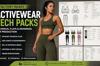 design factory ready activewear tech packs with technical flats and drawings