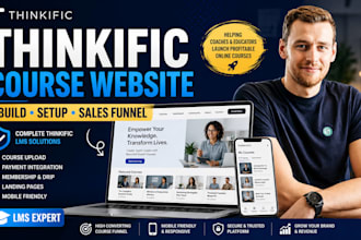 build thinkific online course website, thinkific lms sales funnel, podia, kajabi