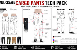 create cargo pants tech pack with fashion flats for manufacturing