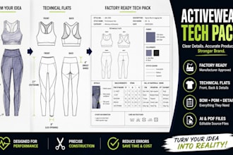 create factory ready activewear and sportswear tech pack with technical drawings