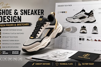 design custom shoes, sneaker footwear tech packs, sketches for manufacturing