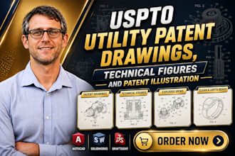 create uspto utility patent drawings, technical figures and patent illustration