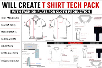 create t shirt tech pack with fashion flats for cloth production