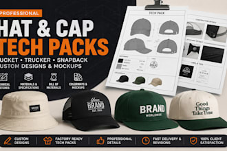 design custom hat tech pack, cap tech packs, bucket, trucker, snapback mockups