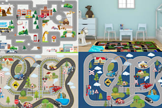 custom kids play rug, boho picnic rug tabletop game art, children playmat design