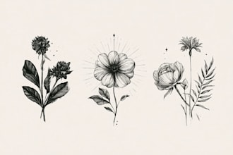 design an elegant fine line tattoo, minimalist botanical or animal art