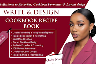 design, write recipe cookbook, recipe cookbook layout design, book cover for KDP