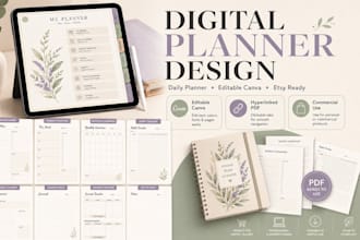 design digital planner templates, daily planner, journal, editable pdf