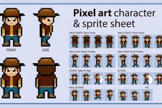 create pixel character sheet, sprite sheet, indie game art, rpg game pixel art