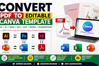 convert PDF to canva editable template, canva workbook, ebook design