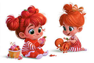 sketch, outline and color cartoon illustrations
