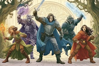 draw dnd party illustration, dnd character design concept art