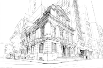 draw detailed line art or sketch illustration for building