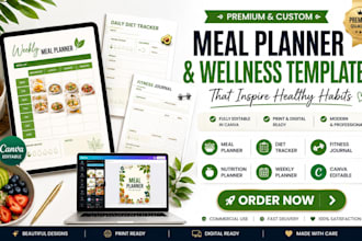 design meal planner templates, diet tracker, journal, canva editable