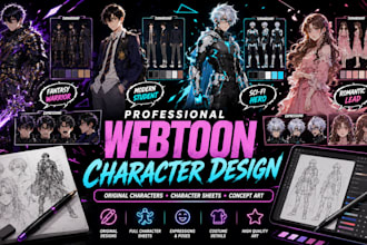 design professional webtoon characters, comic art, and character sheets