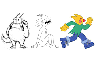 sketch, outline and color cartoon illustrations