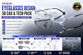 design sunglasses, create a factory ready tech pack, and 3d cad model