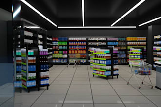 detailed3d supermarket interior,furniture layout,retail store design,cgi counter