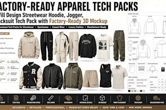 design streetwear hoodie jogger tracksuit tech pack with factory ready 3d mockup