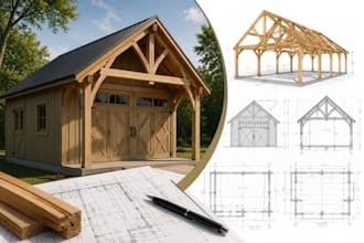 design custom timber frame shed, wood structure and trusses plan