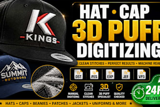 digitize hat cap 3d puff logo embroidery dst pes exp jef vp3 emb files