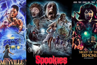 design 70s 80s retro horror posters, gothic cover art, vintage illustration