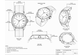 create watch technical line art cad 3d watch model for printing, manufacturing