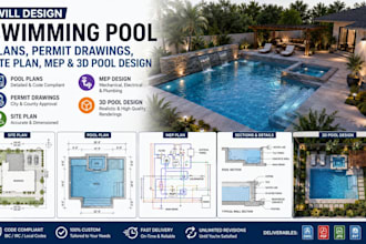 design swimming pool plans, permit drawings, site plan, mep and 3d pool design
