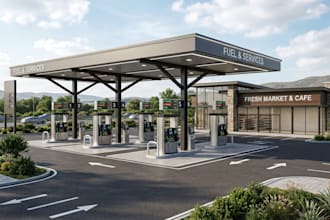 design realistic 3d gas station, ev charging station, truck stop, service plaza