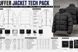 create a professional puffer jacket tech pack for manufacturer ready tech pack