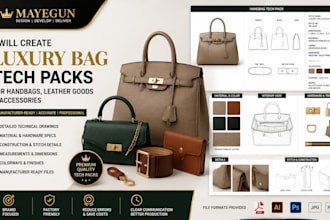 develop luxury bag and leather goods tech packs for manufacturers