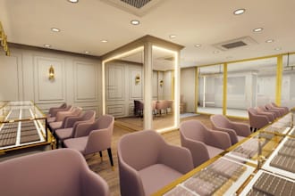 enhance 3d jewelry store interior, luxury fashion showroom, beauty retail render