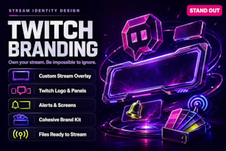 design custom twitch overlay, twitch logo, and stream package