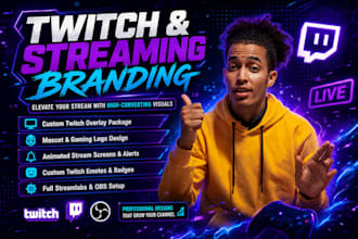 design custom twitch overlay, twitch logo, and stream package