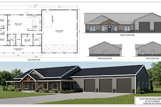 create complete barndminium floor plans, elevations plan, pole barn, ranch house