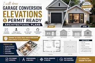 draw garage conversion elevations and permit ready architectural plans