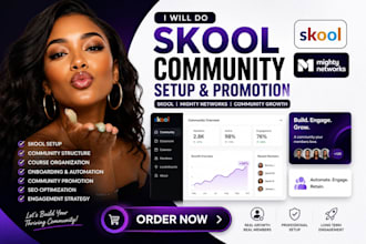 do skool community setup, skool promotion and mighty network setup