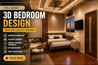 create a 3d bedroom design with high quality renders