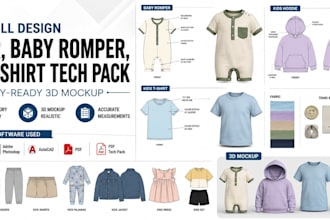 design kids wear baby romper hoodie t shirt tech pack with factory ready 3d