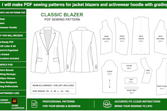 make PDF sewing patterns for jacket blazers and activewear hoodie with grading