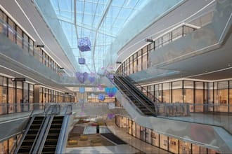 design futuristic mall atrium,retail space in photorealistic 3d,escalator design