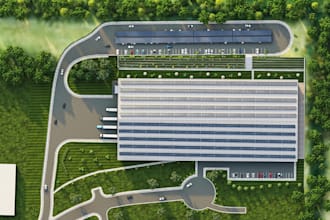 redesign warehouse exterior 3d rendering, industrial layout, 3d storage building