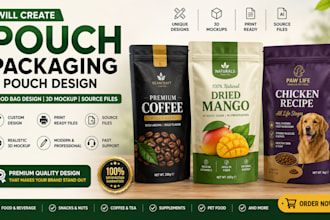 create pouch packaging, pouch design, food bag design, source files, 3d mockup