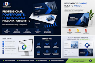 design professional powerpoints, pitch decks, and presentation script