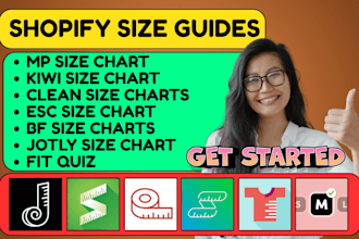setup shopify size guide, size charts, mp, kiwi, jotly, clean , esc, bf fit quiz