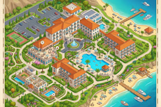 design custom illustrated hotel maps, resort maps and property wayfinding maps