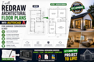 redraw architectural floor plans into autocad for garage conversion and adu